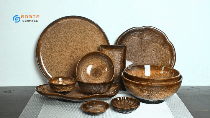 Bộ đồ ăn nâu tuyết gốm men hỏa biến theo phong thủy