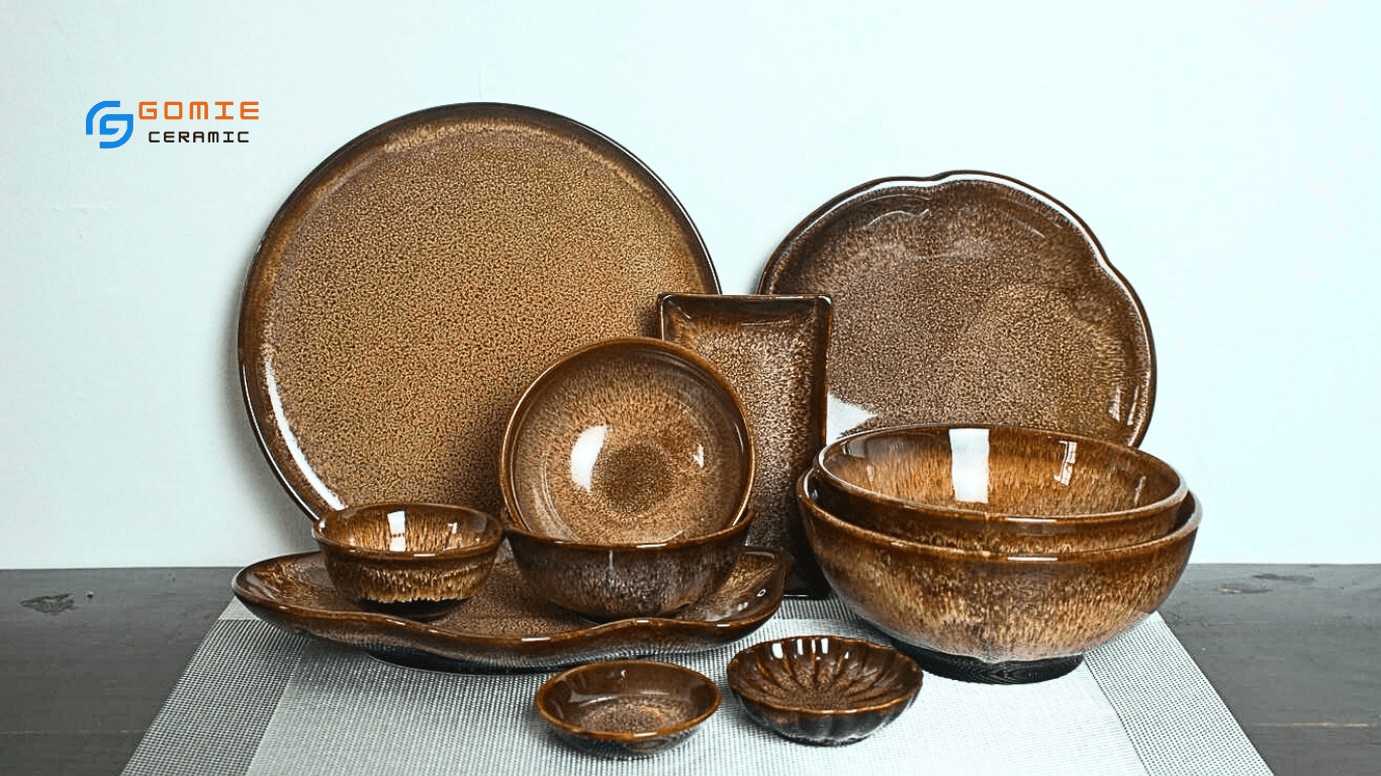 Bộ đồ ăn nâu tuyết gốm men hỏa biến theo phong thủy 