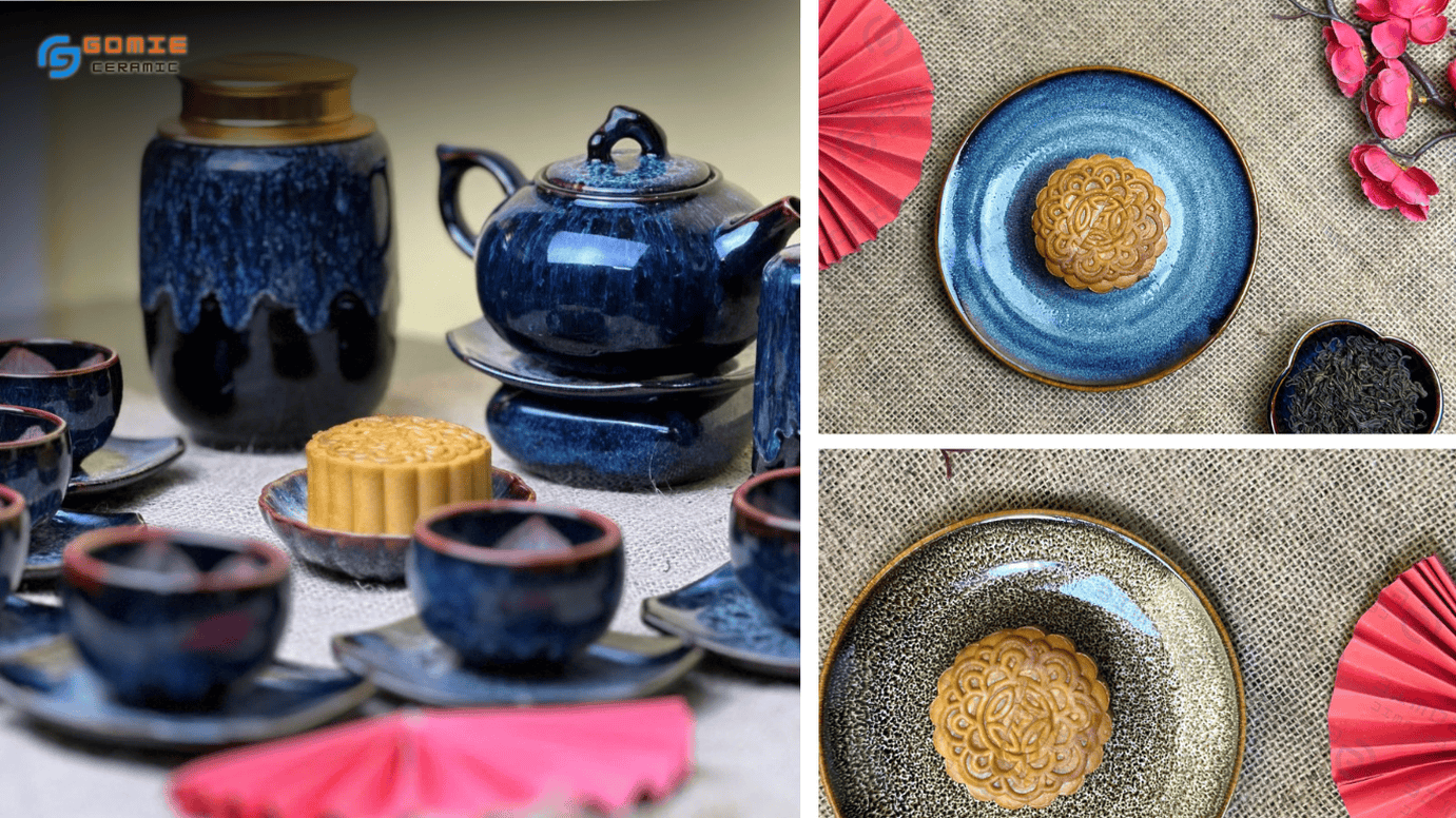 Mâm cỗ trung thu với gốm sứ men hỏa biến 