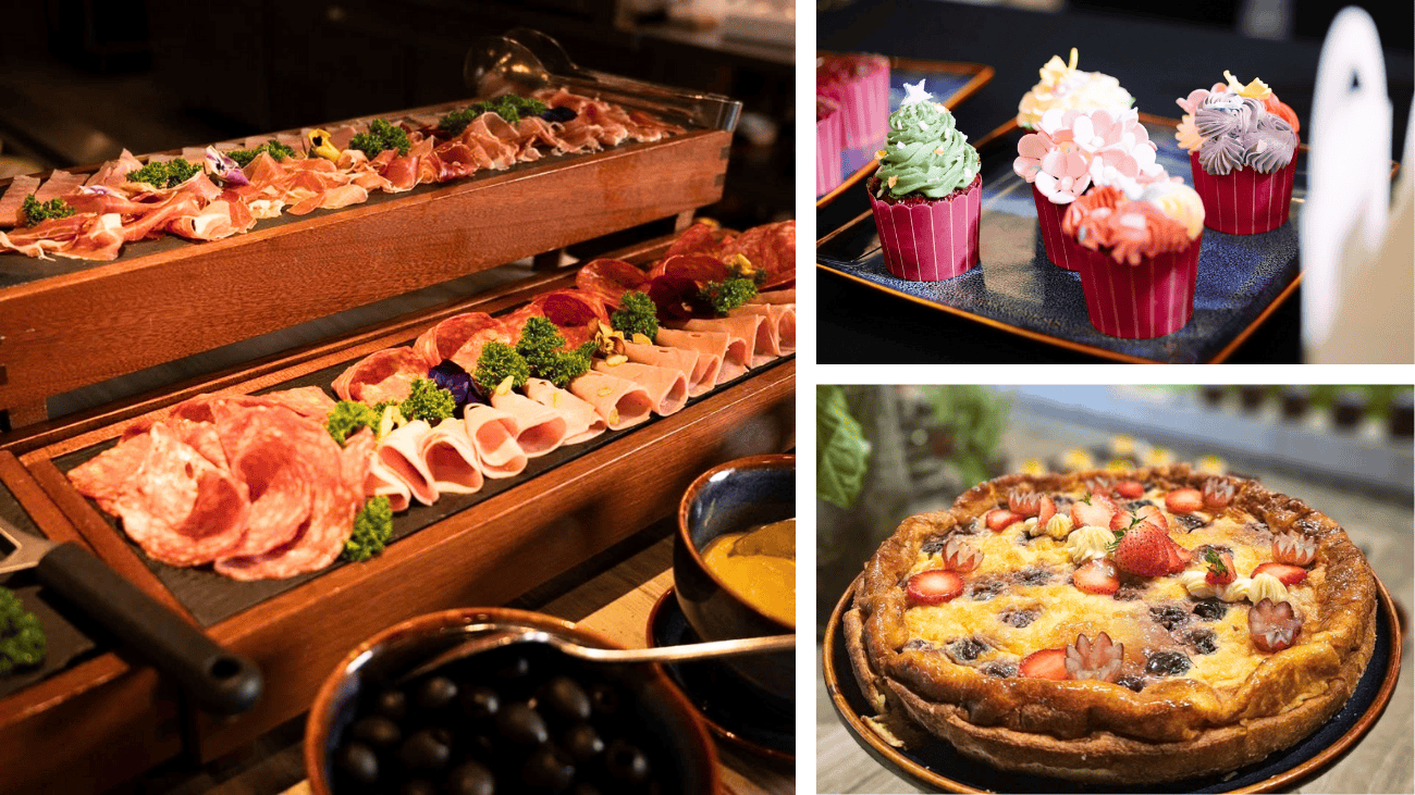 Ẩm thực bày trí bộ đồ ăn gốm men xanh sóng biển nhà hàng Novotel