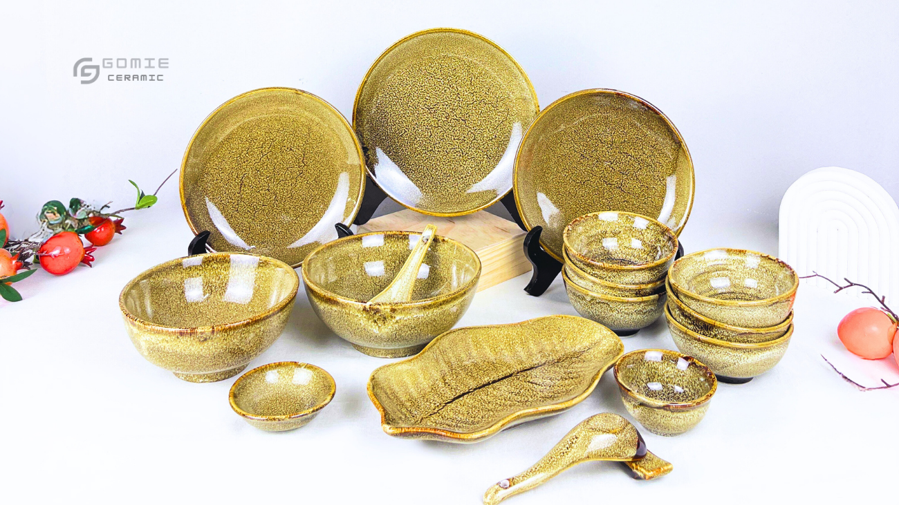 Bộ đồ ăn gốm sứ men hỏa biến gấm vàng