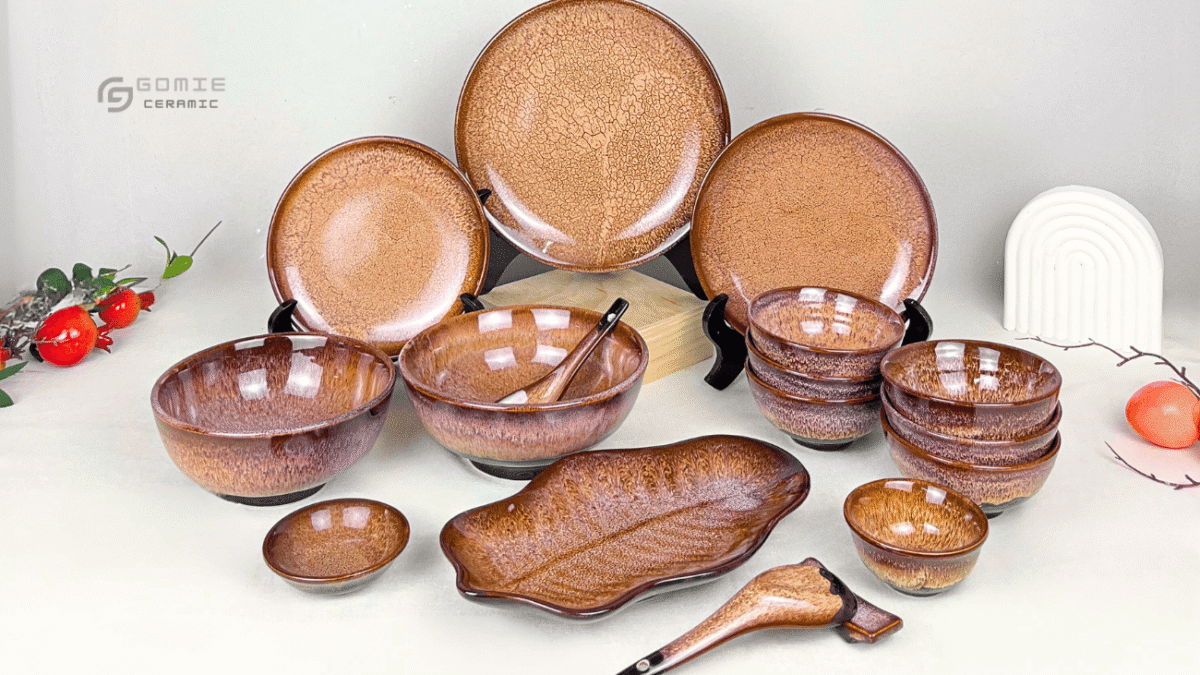 Bộ đồ ăn gốm sứ men hỏa biến nâu tuyết