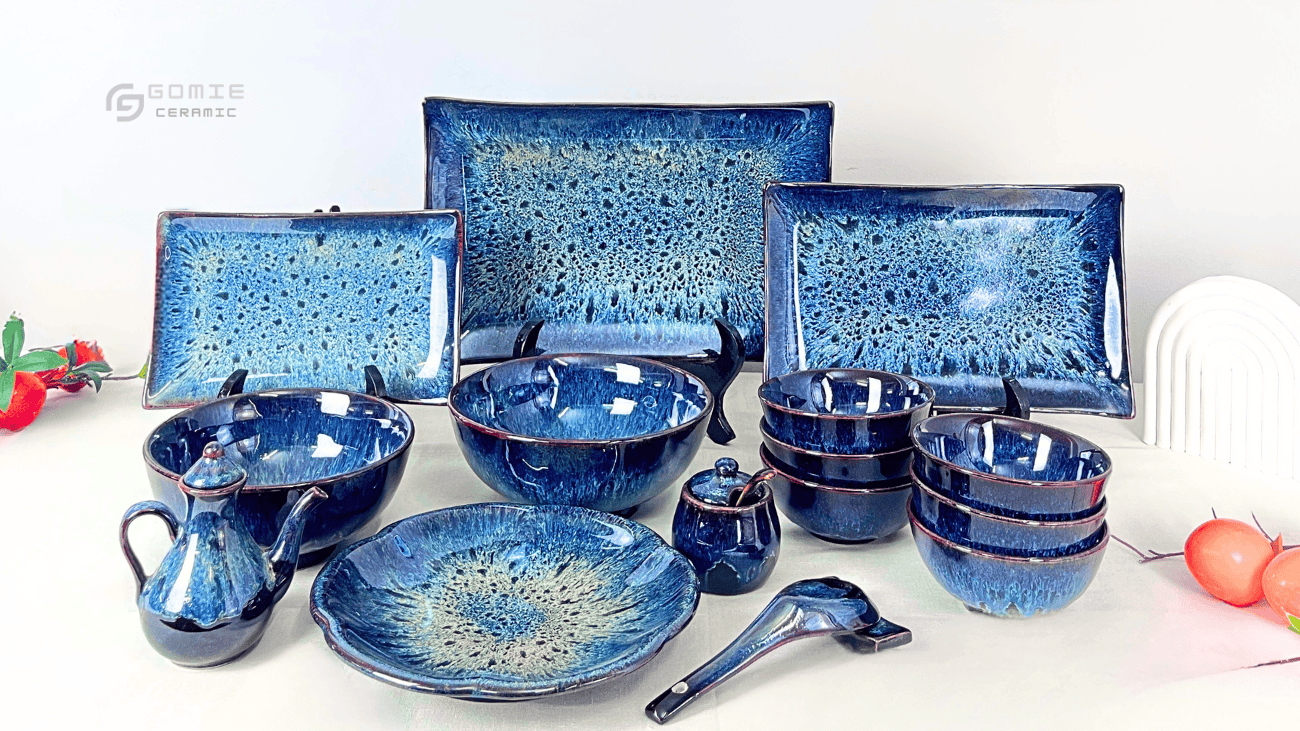 Bộ đồ ăn gốm sứ men xanh sapphire