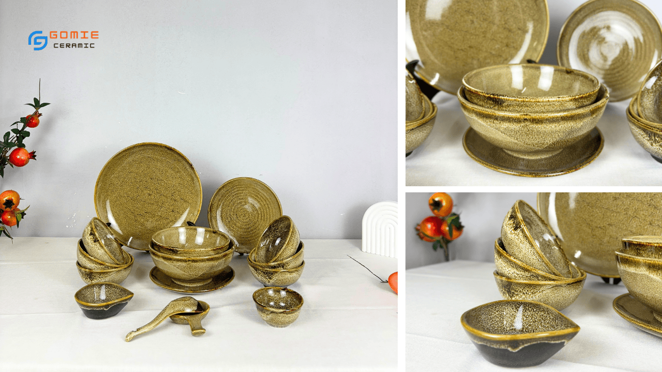 Bộ đồ ăn gốm sứ nhà hàng men gấm vàng