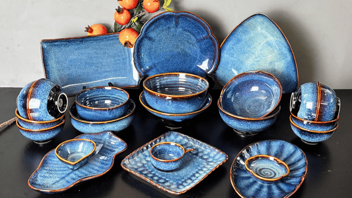 Bộ đồ ăn nhà hàng chay men xanh sóng biển