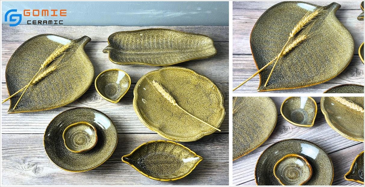 Đĩa gốm nhà hàng men gấm vàng
