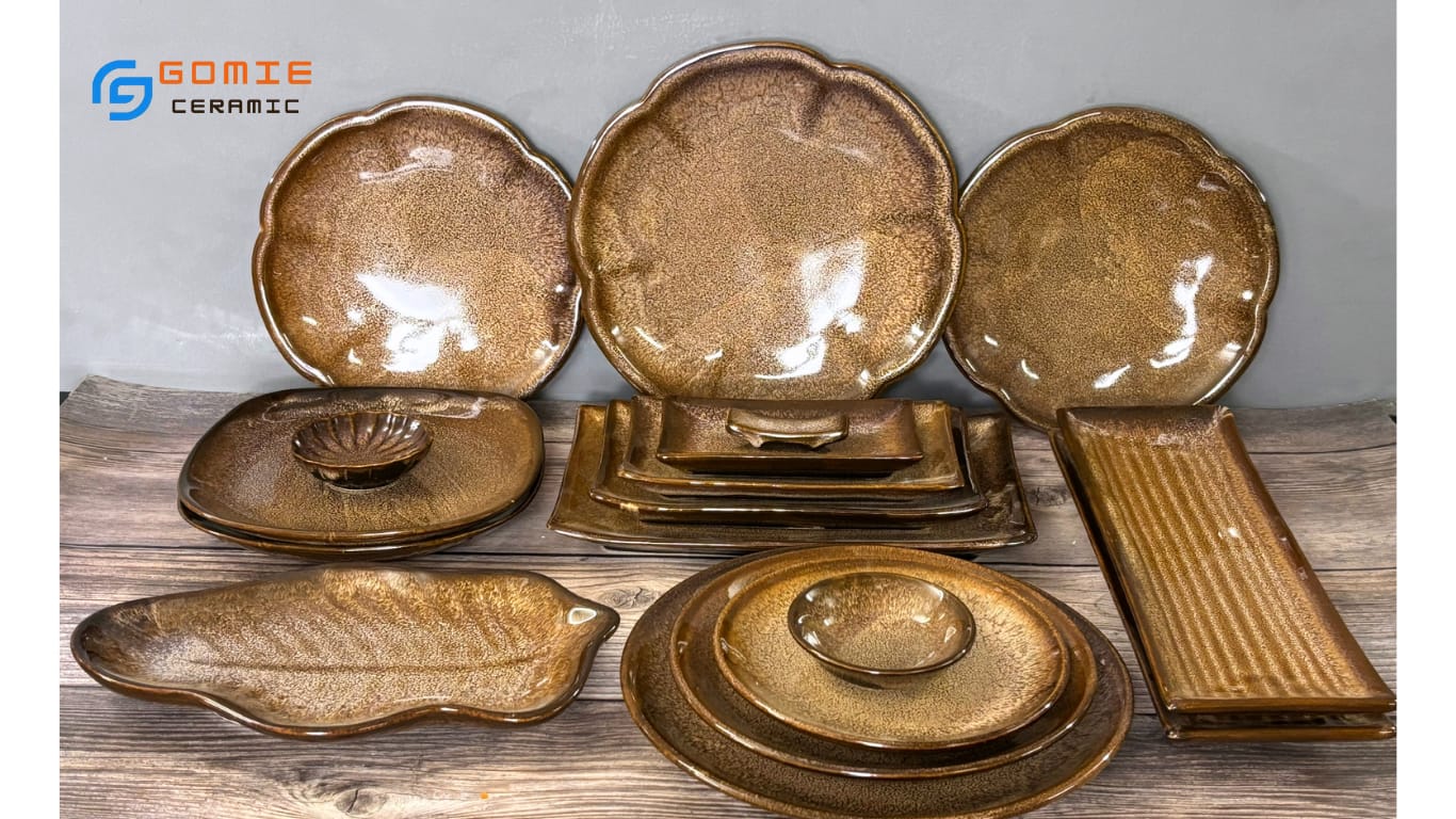 đĩa gốm nha hàng men nâu tuyết