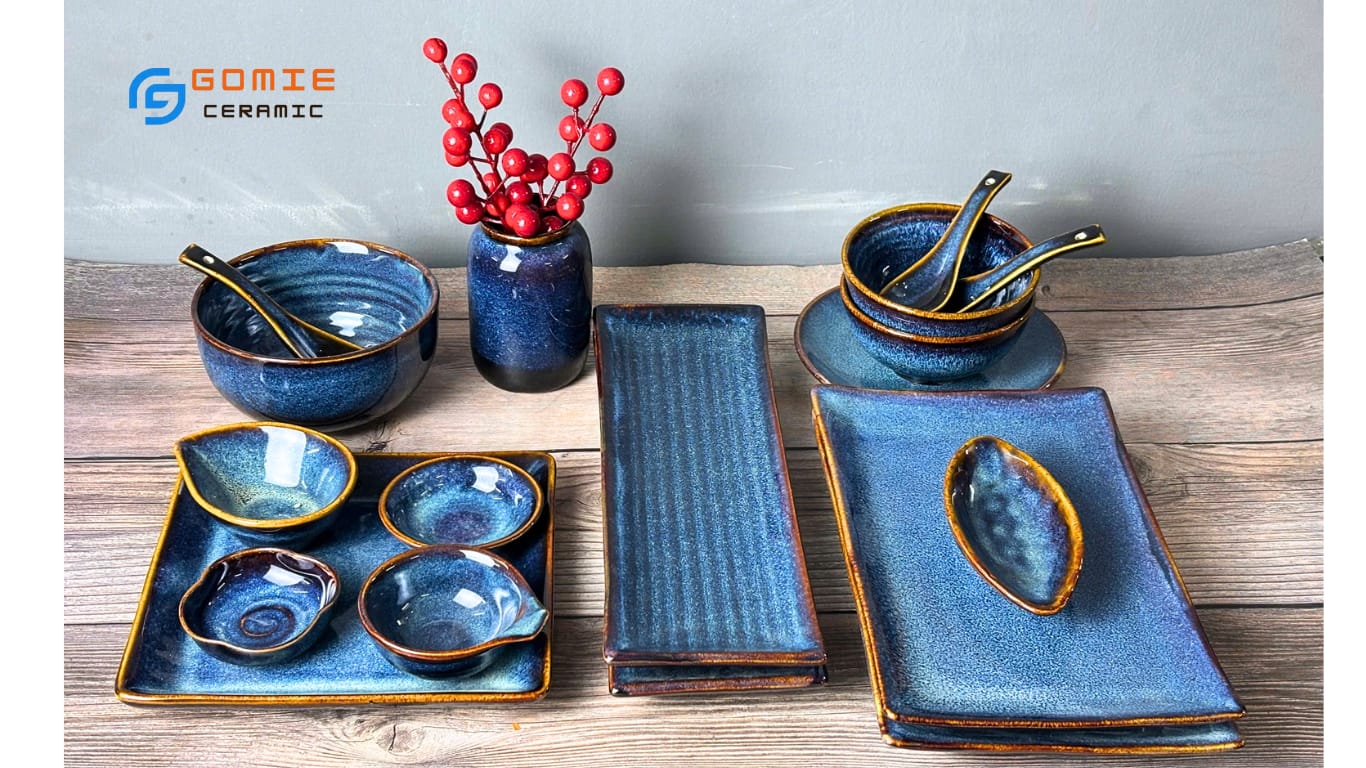 đĩa gốm nhà hàng men xanh sóng biển