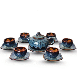 Bộ ấm chén men saphire đúc lòng hoa Bát Tràng Cao Cấp