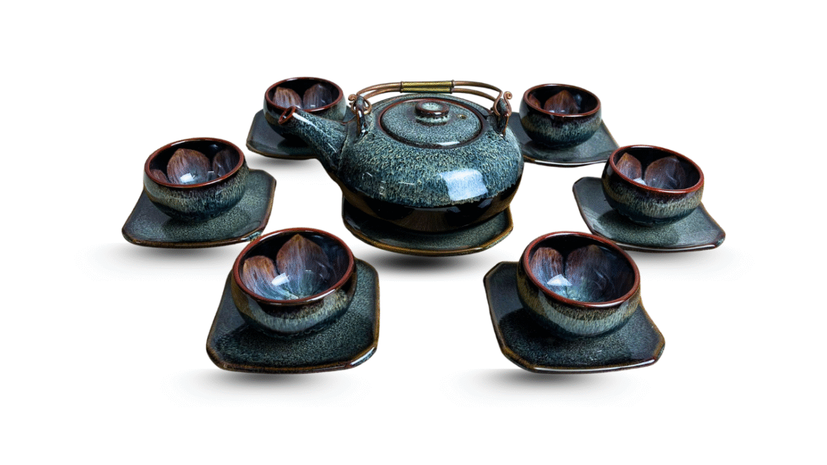 Bộ ấm chén men hỏa biến xanh ghi