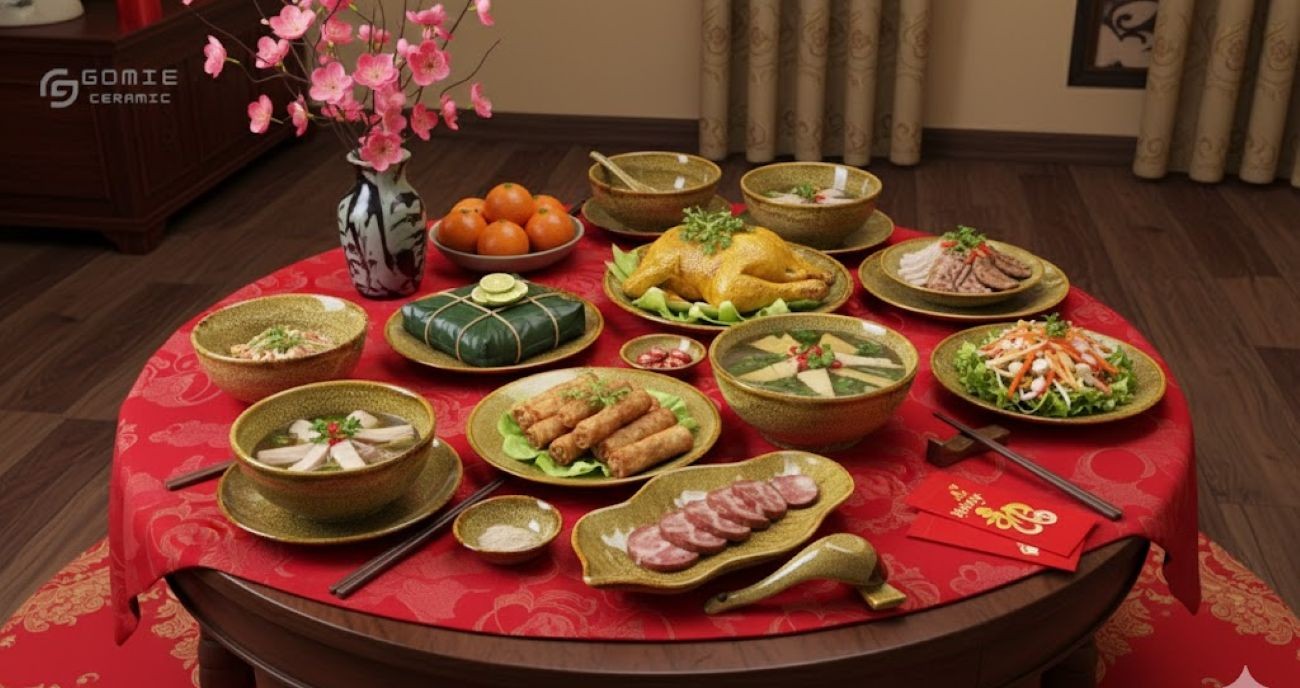 Trang trí mâm cơm Tết với bát đĩa gốm hỏa biến